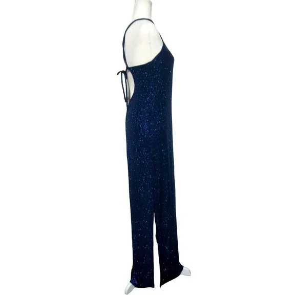 Vintage Glitter Dress Size 9 10 Navy Blue Long Length Open Back Ties High Vents - Picture 6 of 10